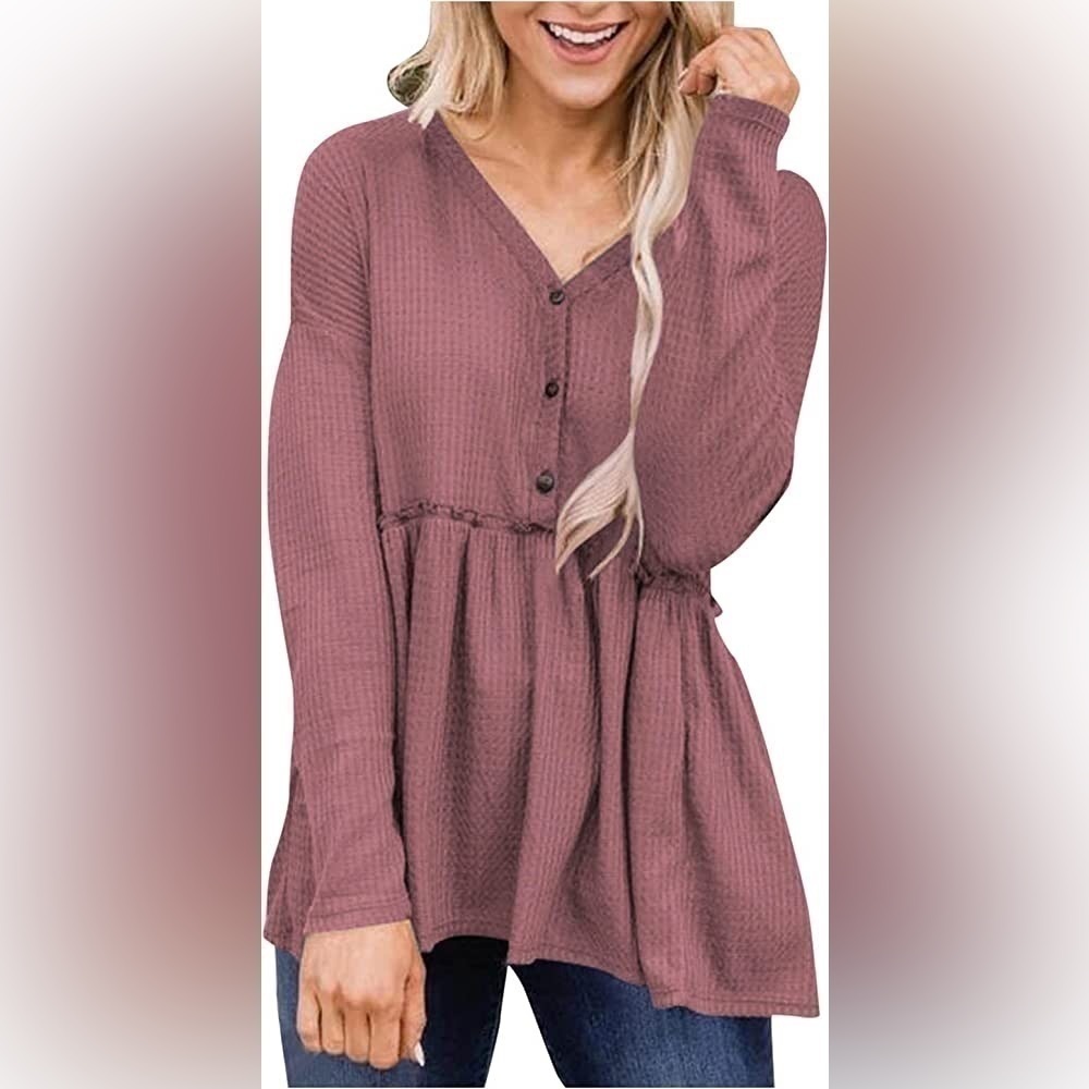 Solid V-Neck Stitching Women Blouse Long-Sleeve Summer Shirt Buttons Loose Tops